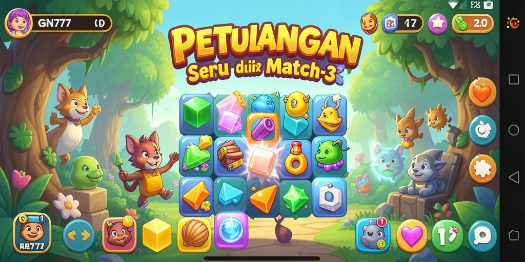 Tampilan gameplay GN777 yang seru dan penuh warna dalam permainan Match-3.